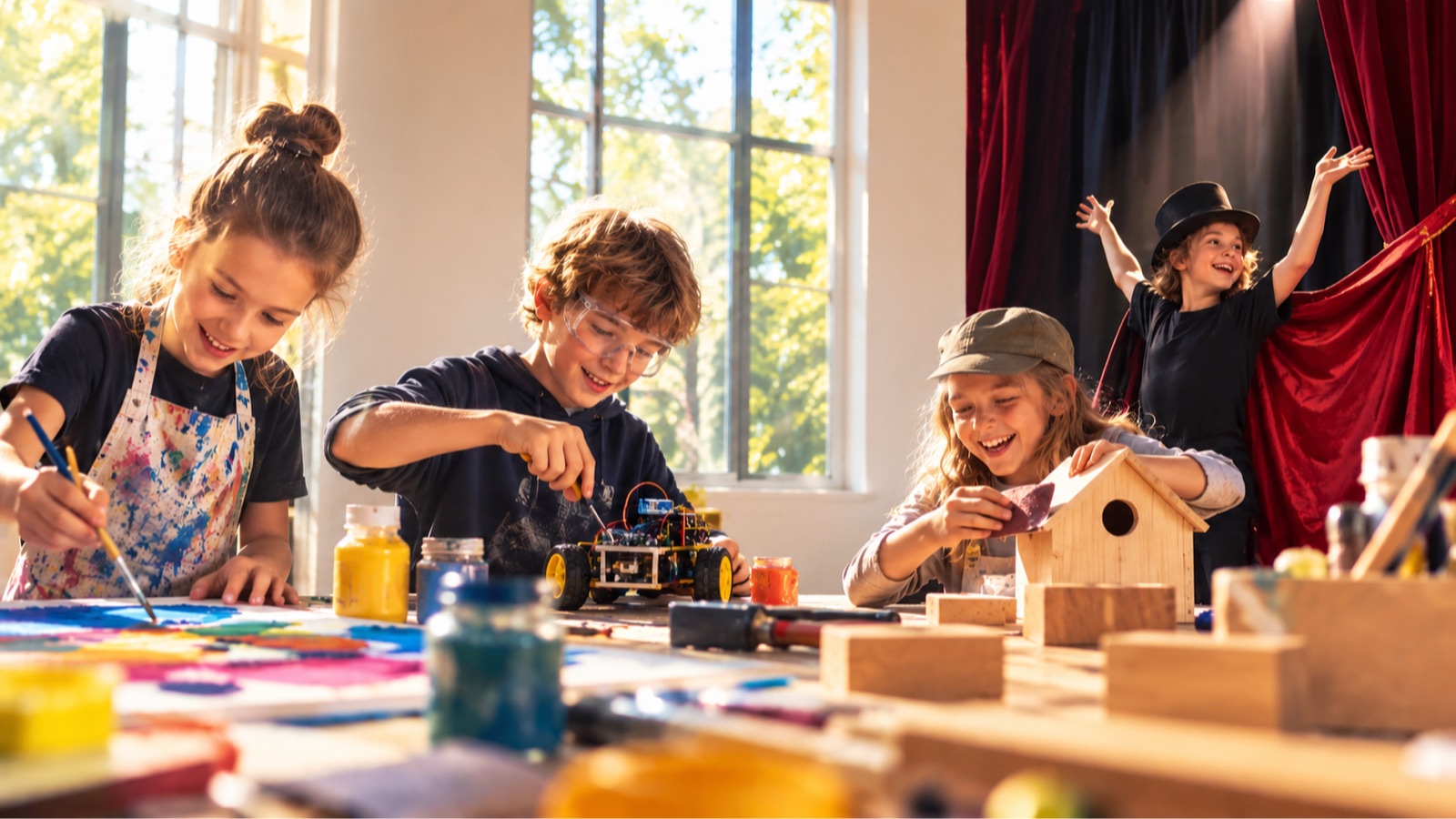 Kinder malen, bauen einen kleinen Roboter, schleifen ein Vogelhaus aus Holz und spielen Theater vor einem roten Vorhang