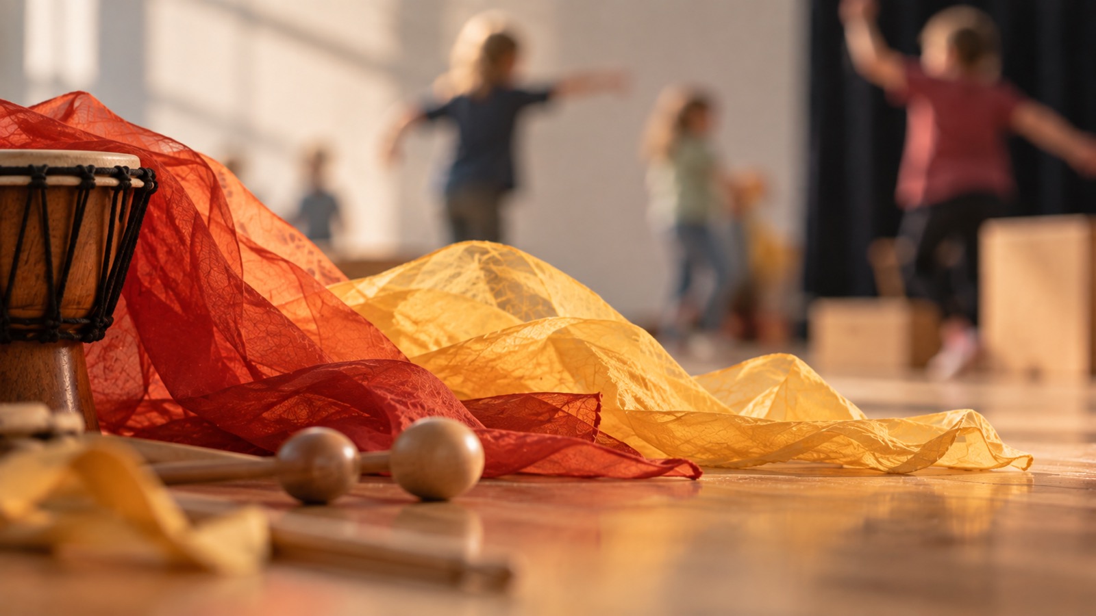 Eine Trommel und rot-gelbe Tücher liegen im Vordergrund, im Hintergrund tanzen Kinder durch den Raum