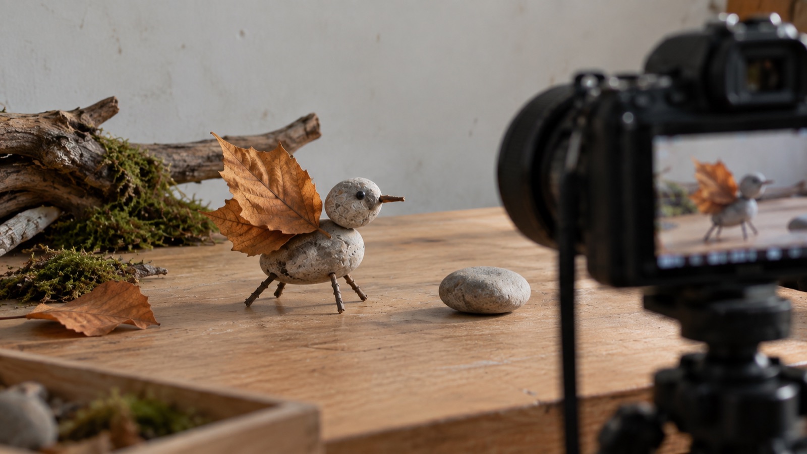 Eine kleine Steinfigur mit Herbstblatt-Flügeln wird für einen Stop-Motion-Film gefilmt