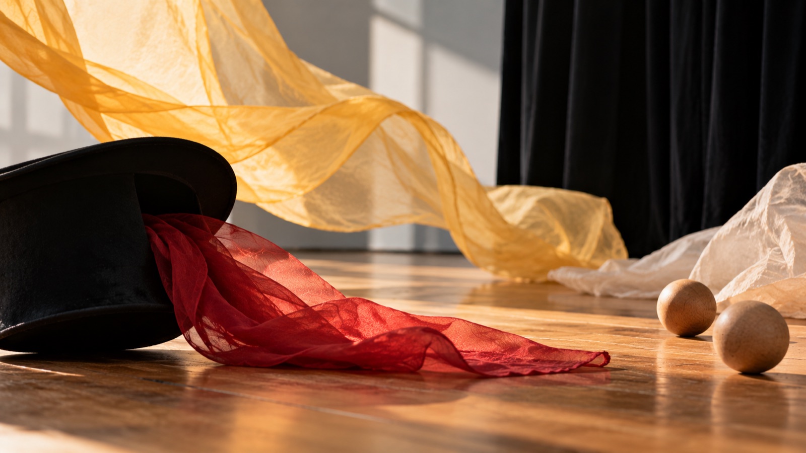 Theaterrequisiten mit bunten Tüchern, Hut und Holzkugeln auf einer Bühne