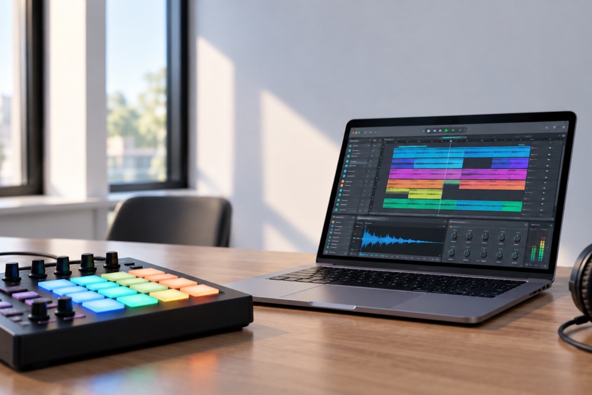 Ein Laptop mit Musikproduktions-Software neben einem MIDI-Pad-Controller