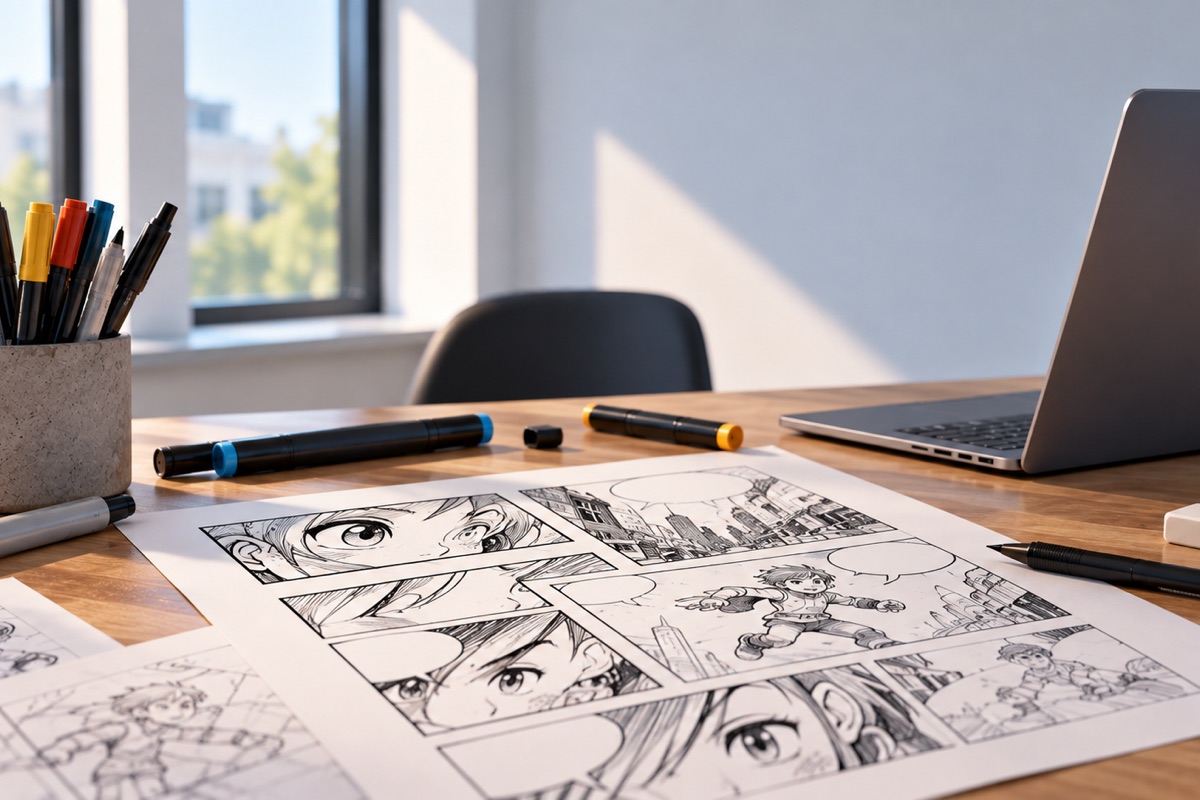 Skizzen einer Comicfigur liegen neben Zeichenstiften und einem Laptop auf einem Tisch