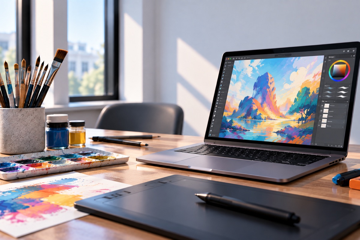 Ein Laptop zeigt ein farbenfrohes digitales Gemälde; auf dem Tisch liegen Pinsel, Farben und ein Grafiktablett