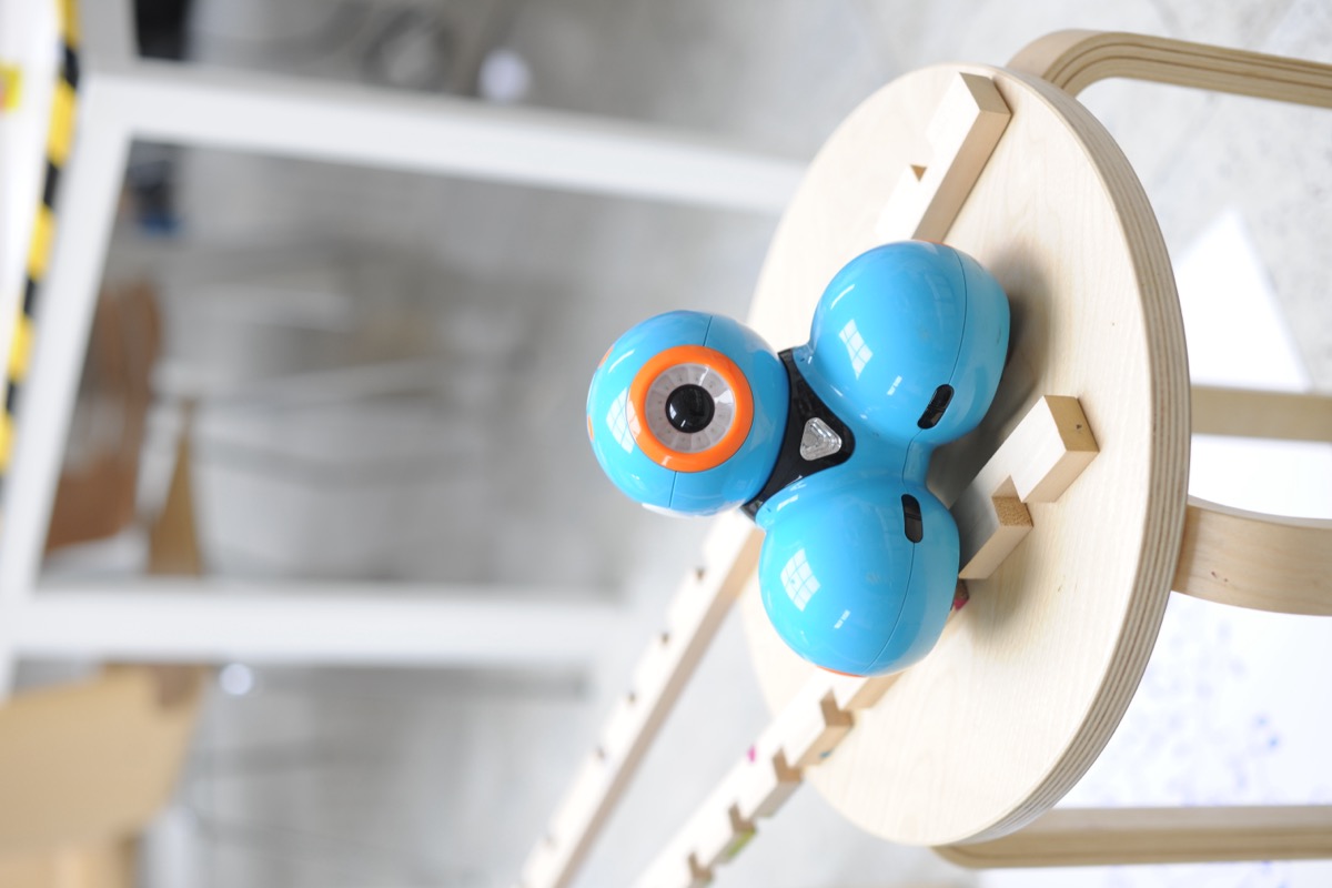 Ein programmierbarer Roboter steht auf einer selbst gebauten Holzstrecke