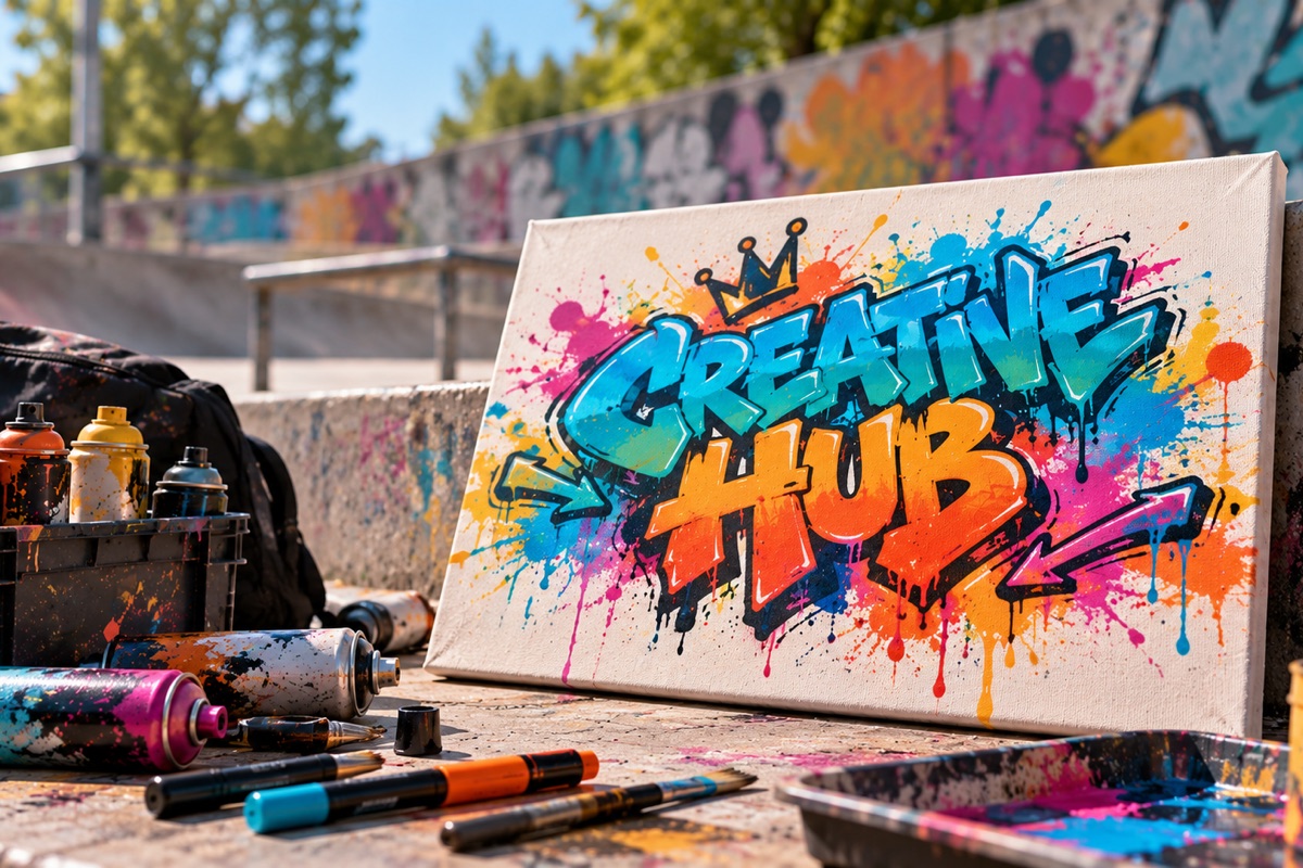 Eine bemalte Leinwand mit dem Schriftzug „Creative Hub“ steht neben Sprühdosen vor einer Graffitiwand