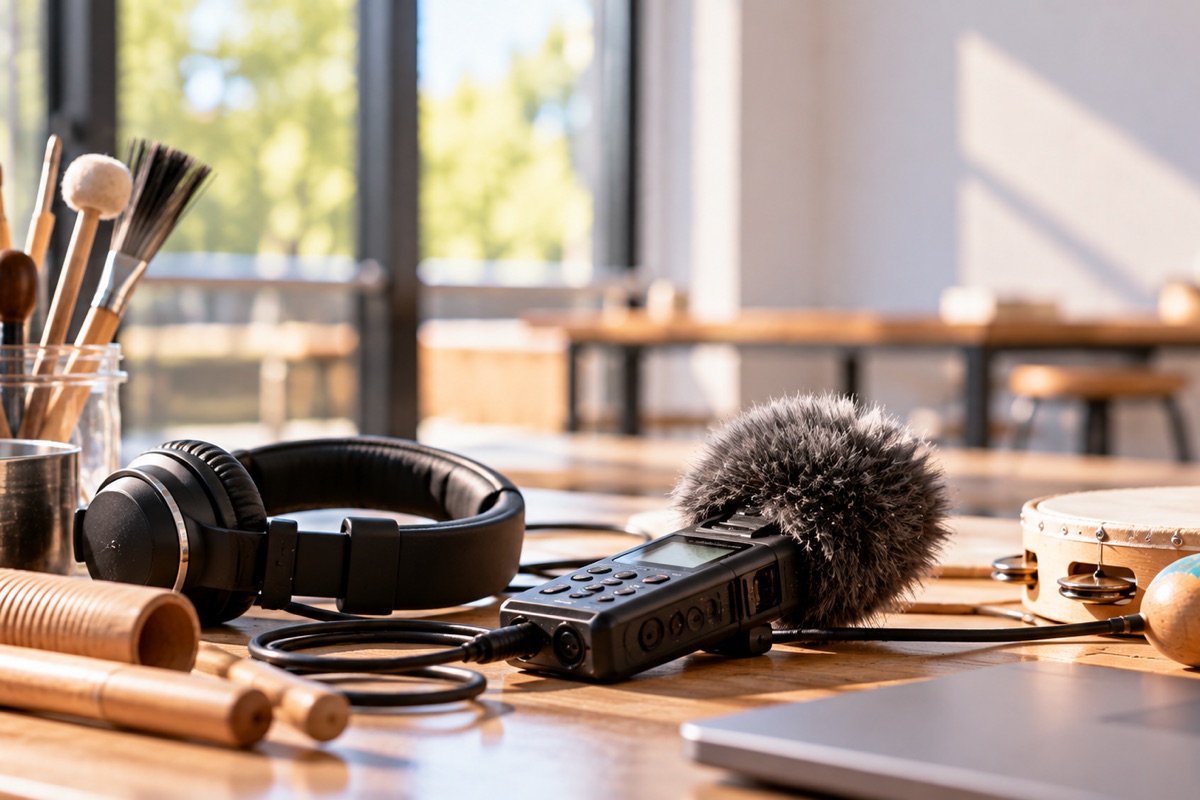 Kopfhörer, Audiorecorder, Mikrofon und Percussioninstrumente liegen auf einem Arbeitstisch