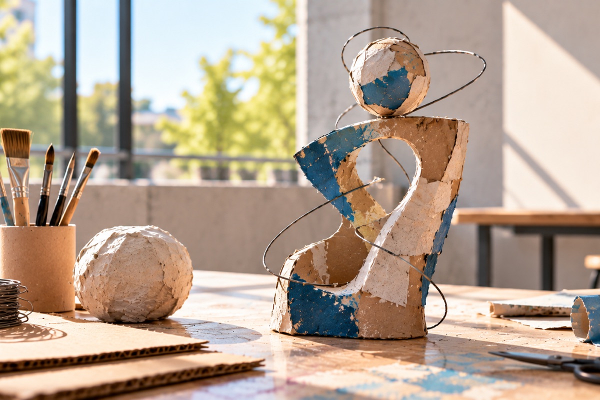 Eine abstrakte Skulptur aus Pappe und Draht steht neben Pinseln und weiteren Materialien auf einem Arbeitstisch